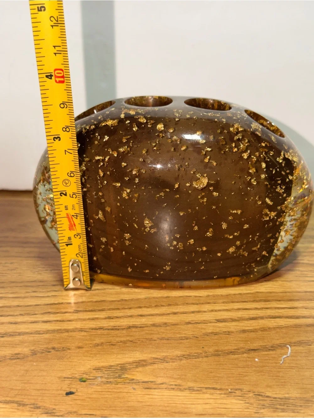 Vintage Nicole Miller Amber & Gold Flake Resin Tooth Brush Holder.